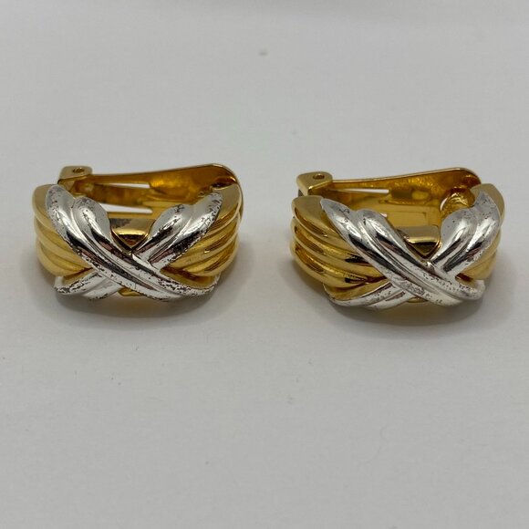 Vintage Two-Tone Gold and Silver Costume Clip-on Hoop Earrings - Picture 5 of 9